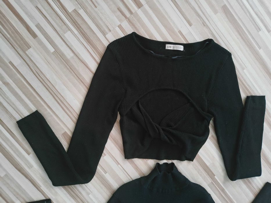 2 sztuki czarny crop top, dwie bluzki, komplet,  prążkowany, bawełna, xs