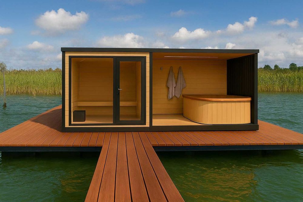 Mobilna sauna z jacuzzi piecem schodki balia basen transport