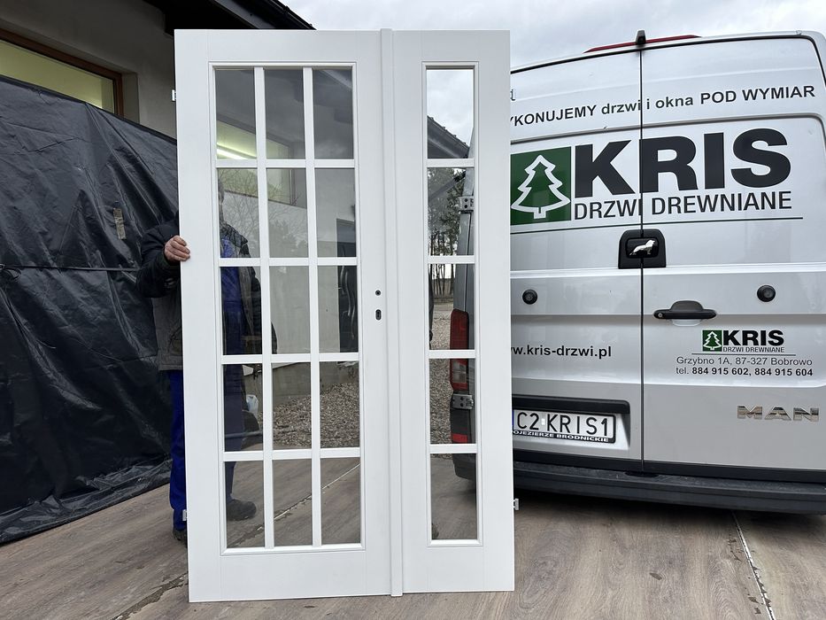 Drzwi wewnętrzne lite drewniane OD RĘKI białe dwuskrzydłowe Francuskie