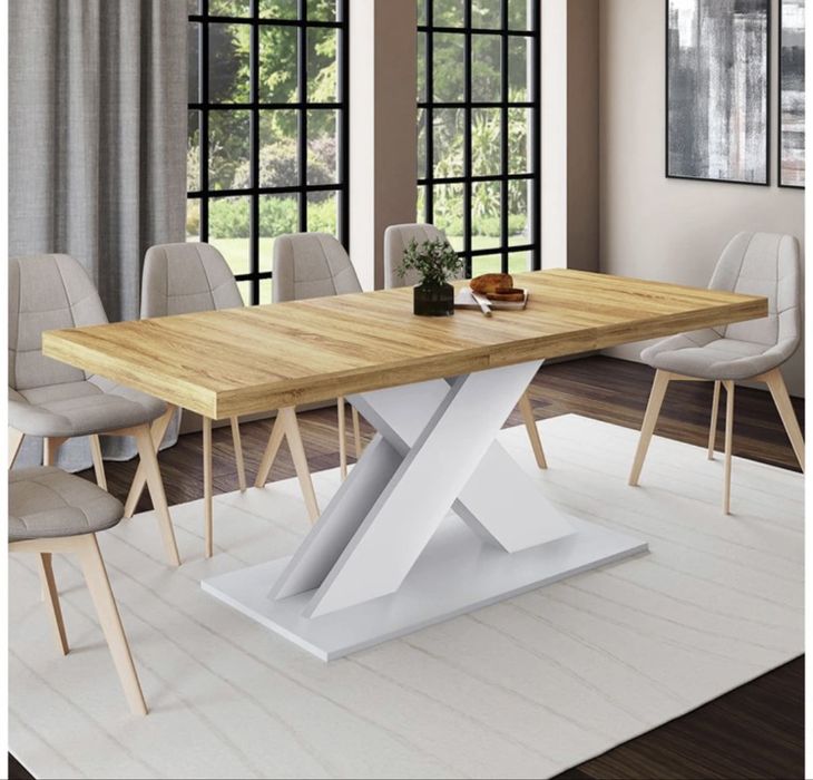 Mesa de jantar extensível Alexia - Imitação de madeira e branco