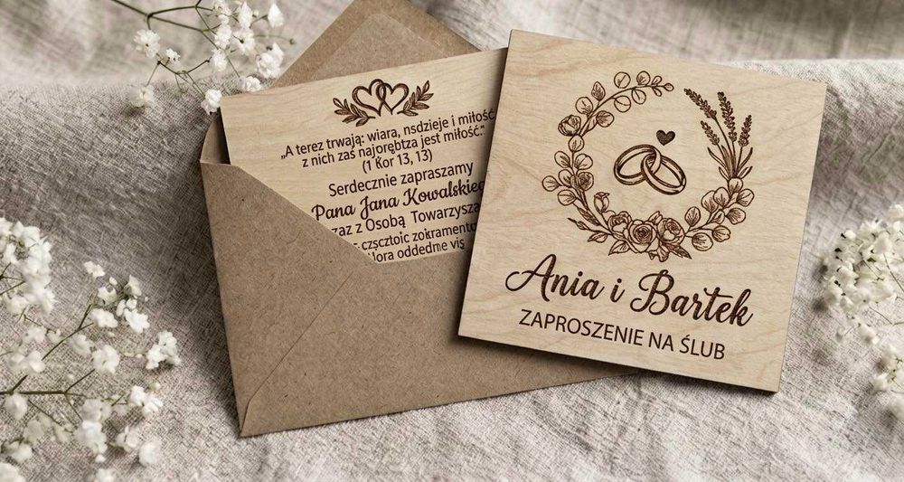 Zaproszenia ślubne drewniane rustykalne grawerowane + koperta