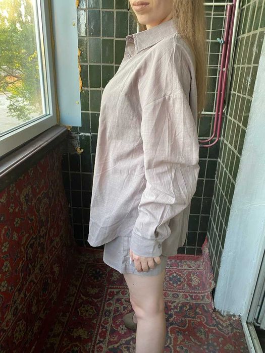 Жіночий літній костюм з бавовни шорти сорочка коричневий оверсайз