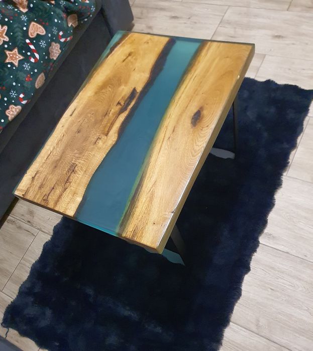 Stół z żywicy epoksydowej, 70x50x45, turkus dąb