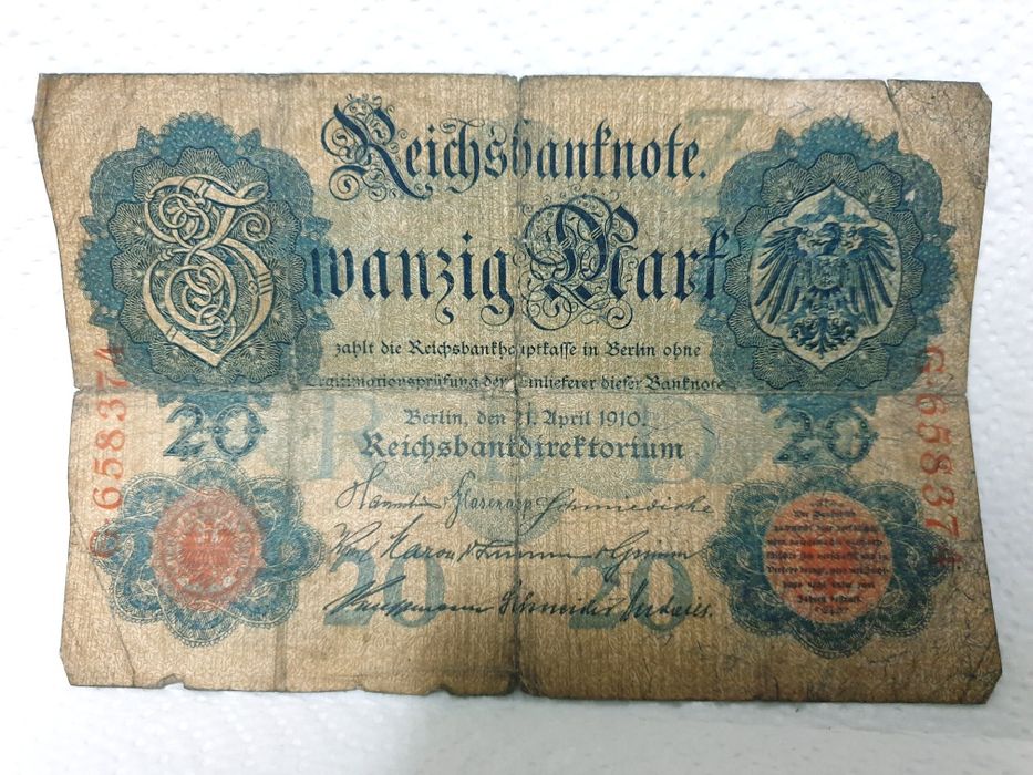 Antiga Reichsbanknote 20 zwanzig Mark de 1910