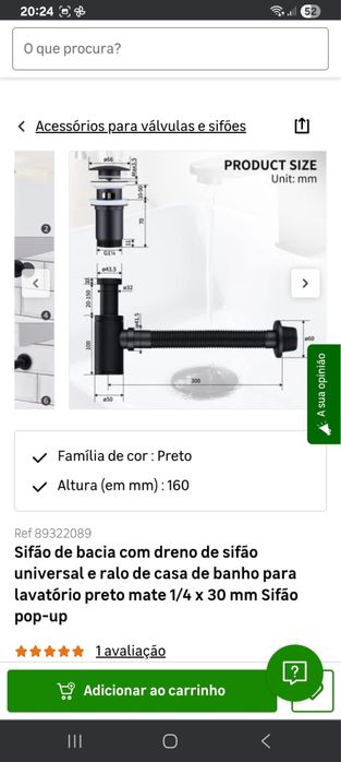 Sifão para lavatório preto.