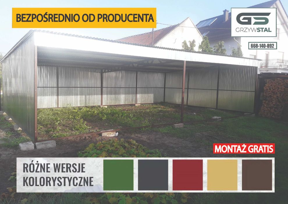 Garaż Blaszany Otwarty - Wiata na Maszyny Magazyn Rolniczy -GRZYWSTAL*