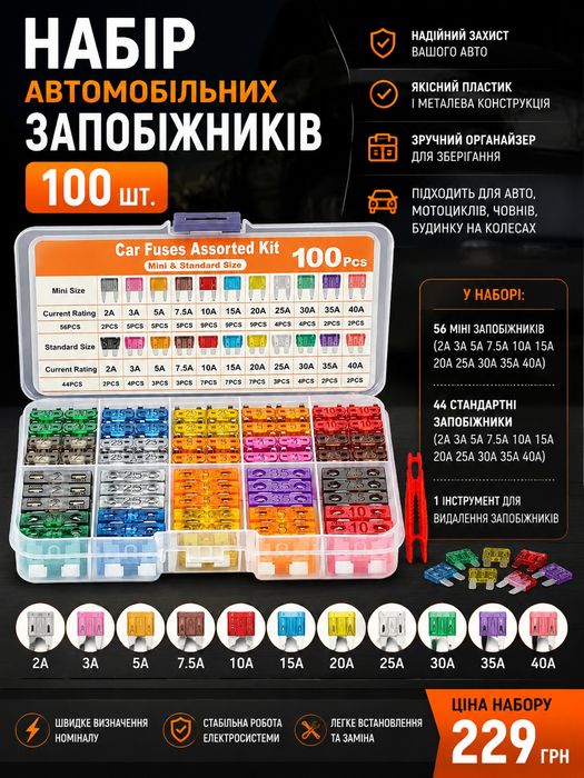 Набір автомобільних запобіжників — 100 шт.