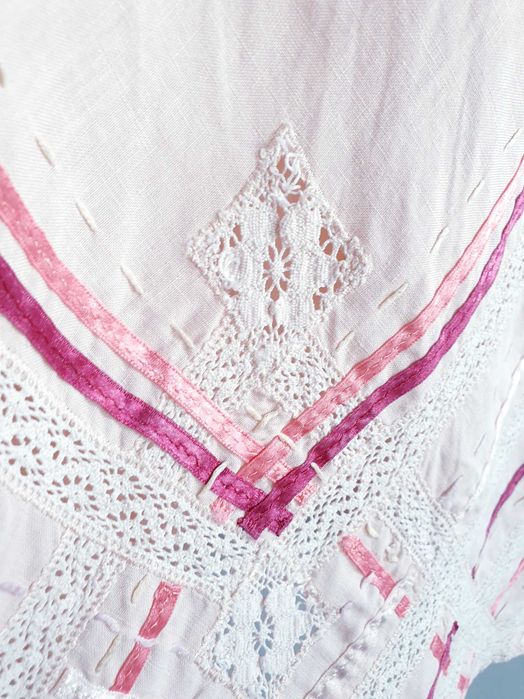 Sukienka pudrowy róż lniana Rocha John Rocha 38 40  len haftowana