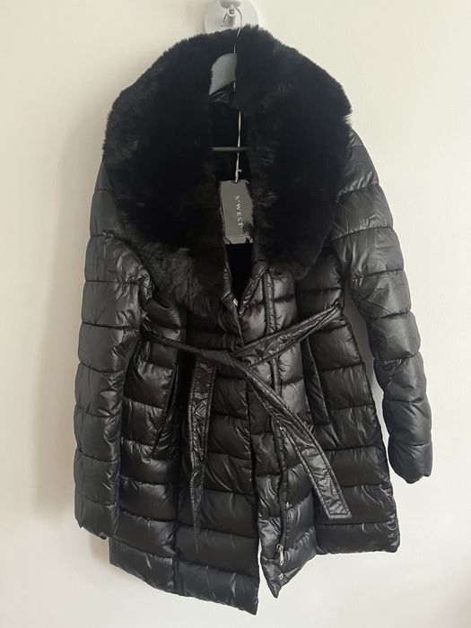 Kurtka puchowa płaszcz czarny M damski nowy futro