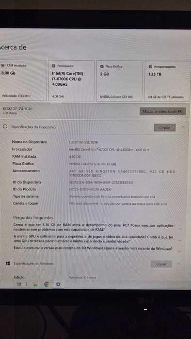 Computador de Secretária Lenovo I7-8700 1T+128G SSD 8GB RAM