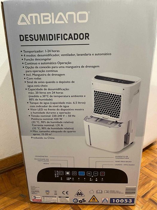 Desumidificador Ambiano 20L - Como Novo! 4 Modos + Rodas 220-240V