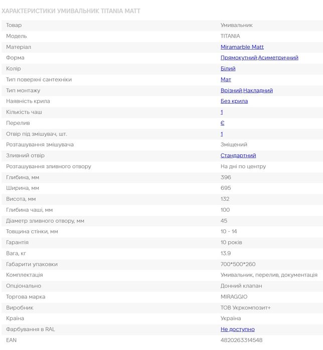 Умивальник TITANIA matt  MIRAGGIO