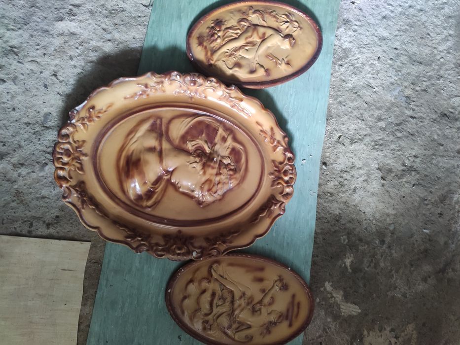 Zabytkowe stare antyczne PRL obrazy ceramiczne 3 szt obraz ANTYK