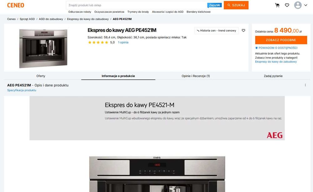 Ekspres ciśnieniowy do zabudowy AEG PE4521M | gwarancja 12 miesięcy