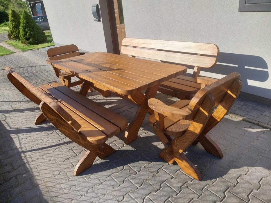 Ogrodowe meble drewniane + metal ocynk stół 2 ławki 2 fotele zestaw