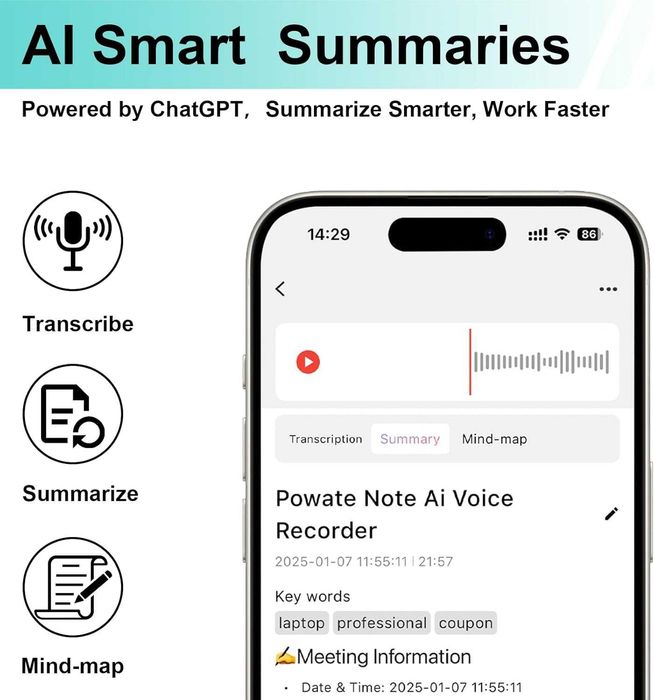 Dyktafon Powate AI 64GB transkrypcja 112 języków szpiegowski slim 821