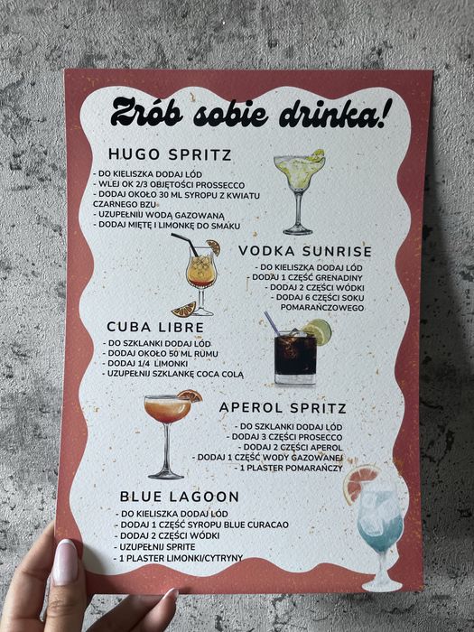 Plakat A4 drink bar diy na wesele ślub