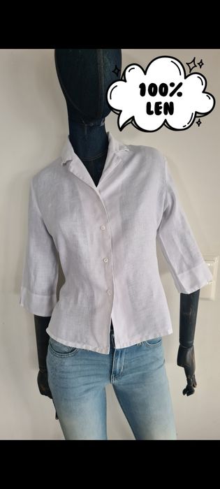 Koszula Bluzka koszulowa 100% Len Lniana. Biała. Rękaw 3/4. Taliowana