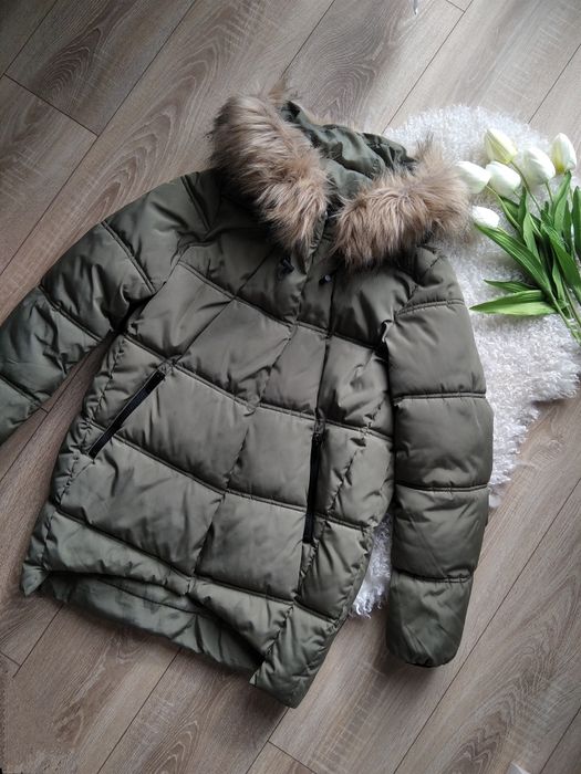 kurtka khaki puffer pikowana z kapturem