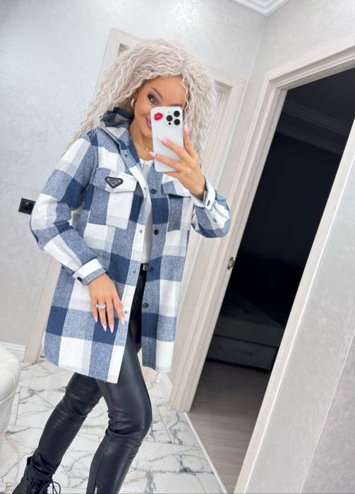 Трендовая рубашка оверсайз в клетку с капюшоном.  42-60р