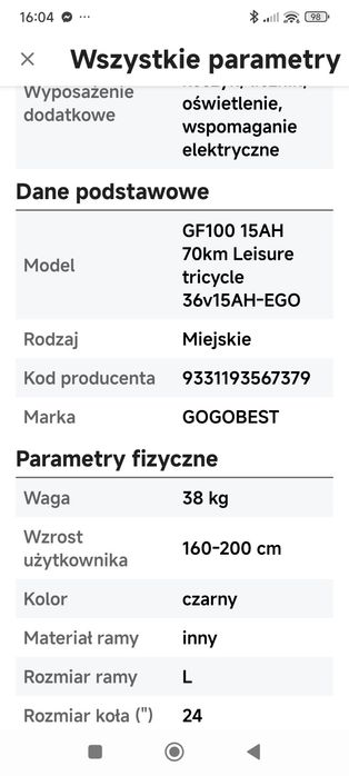 Rower Trójkołowiec Elektryczny 24*1.95'' GOGOBEST GF100 500W