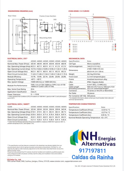 Canadian Solar 455W 450W Painel Fotovoltaico Mono Monocristalino Hall