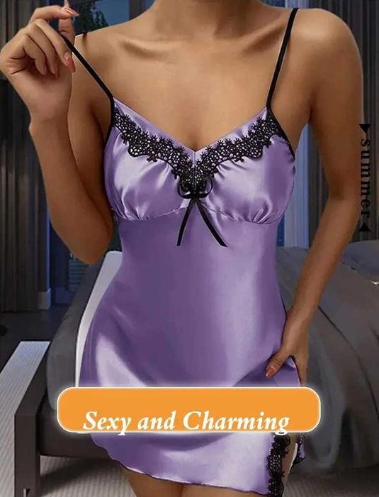 Damska piżama miękka satyna Deep V seksowna koszula fiolet rozmiar L