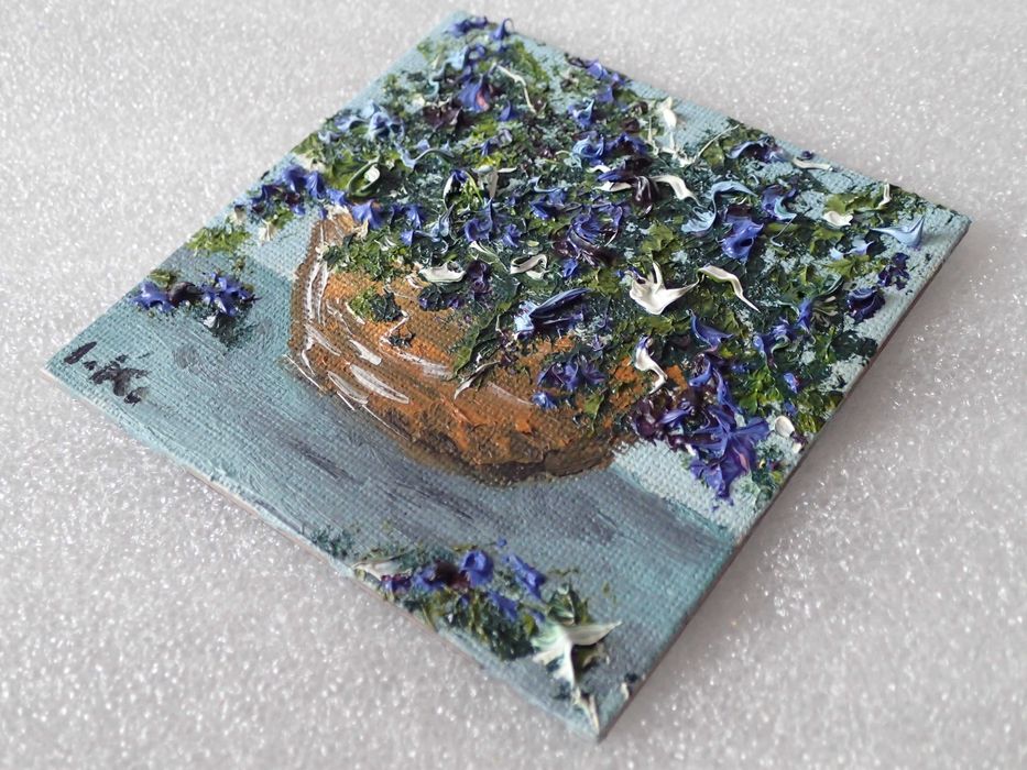 BUKIET KWIATÓW obrazek olejny 9x9cm miniatura płótno magnes unikat