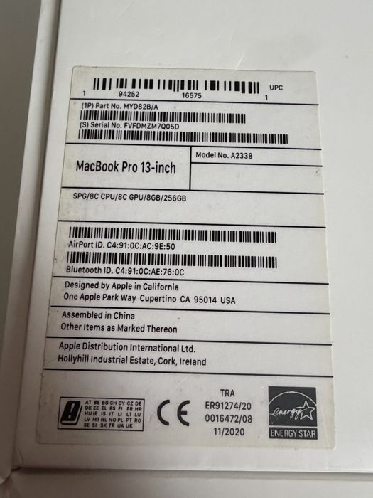 Macbook Pro 13” Touch Bar M1 8/256gb Space Gray