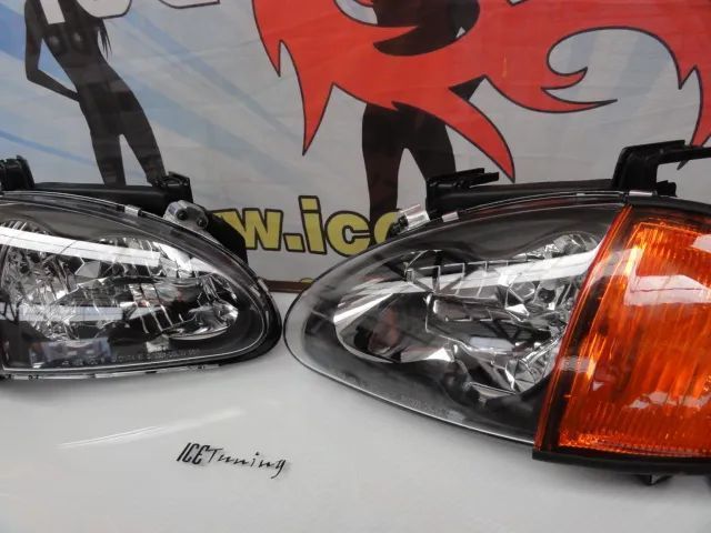 Faróis frontais com luz branca 5000k para Honda crx del sol 92-97 JDM Fundo preto + piscas laranja JDM look
