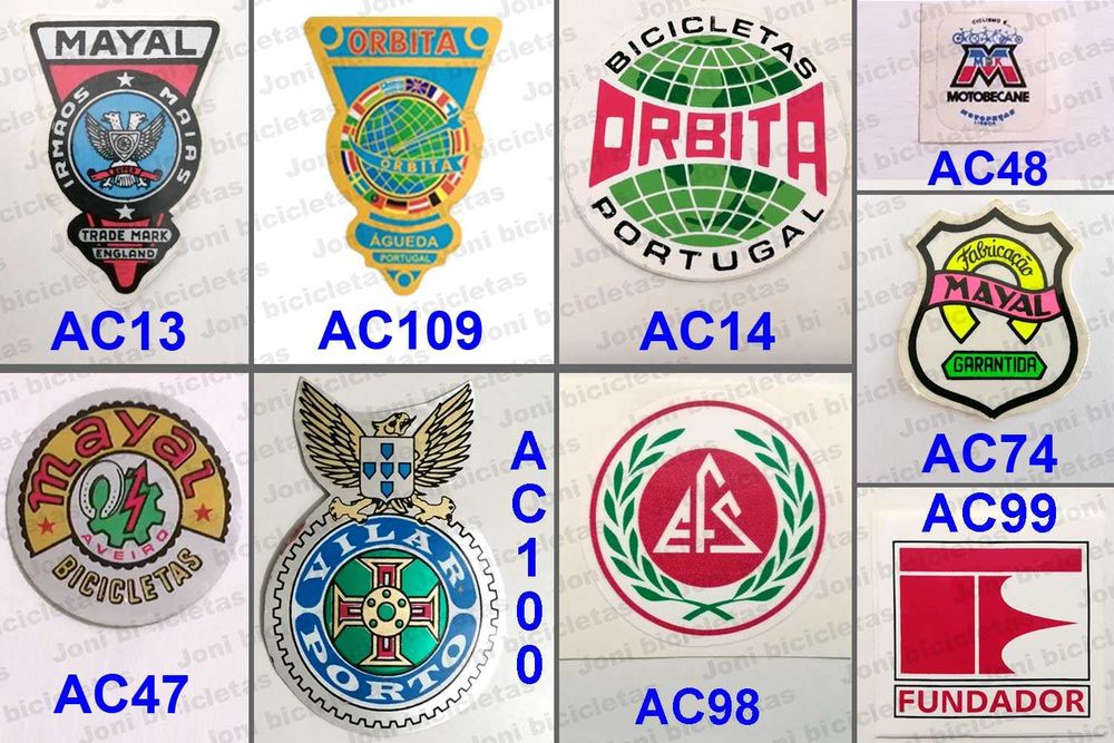 Chapas de testa e autocolantes de bicicleta antigos
