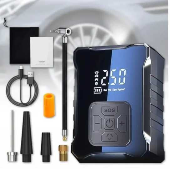 Автомобільний акумуляторний компресор з насадками та LED-ліхтариком