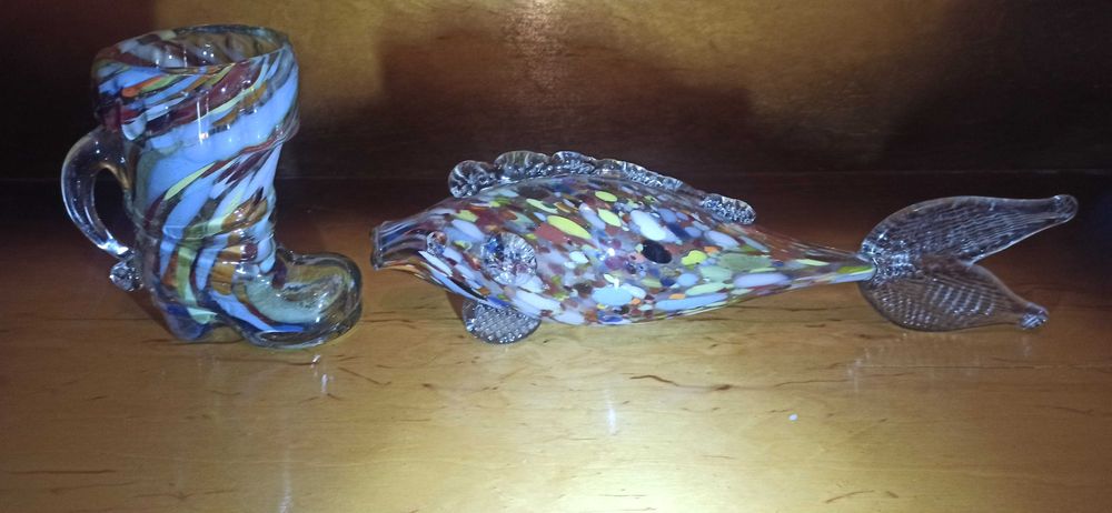 Szklane ozdoby – ryba i but, rękodzieło artystyczne