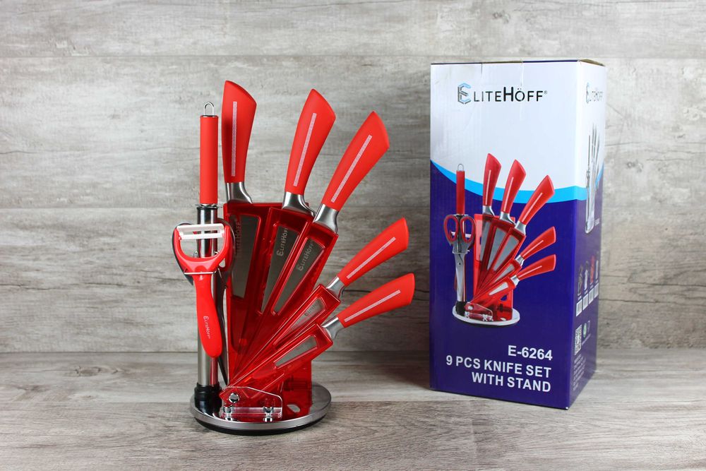 Czerwony Zestaw noży Elitehoff E-6264 – 9 el. obrotowy stojak