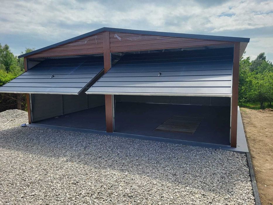Garaż blaszany dwustanowiskowy 6x5m złoty dąb + ciemny grafit PREMIUM