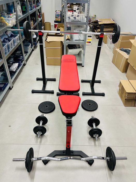 Siłownia domowa, ławeczka, 2 gryfy, hantle, 2 stojaki i 80kg talerzy