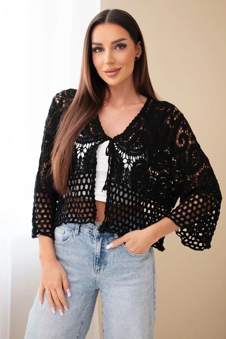 Sweter damski ażurowy czarny bawełniany lekki BOHO na lato wiosna modny S/M/L