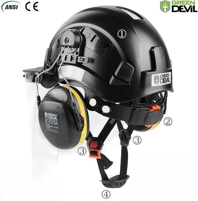 Kask GREEN DEVIL 3w1 Czarny Ochrona Słuchu + Twarzy EN397 EN352-3
