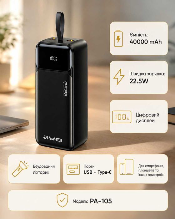 Потужний портативний акумулятор AWEI PA 105 павербанк 40000mah POWER BANK 22,5W