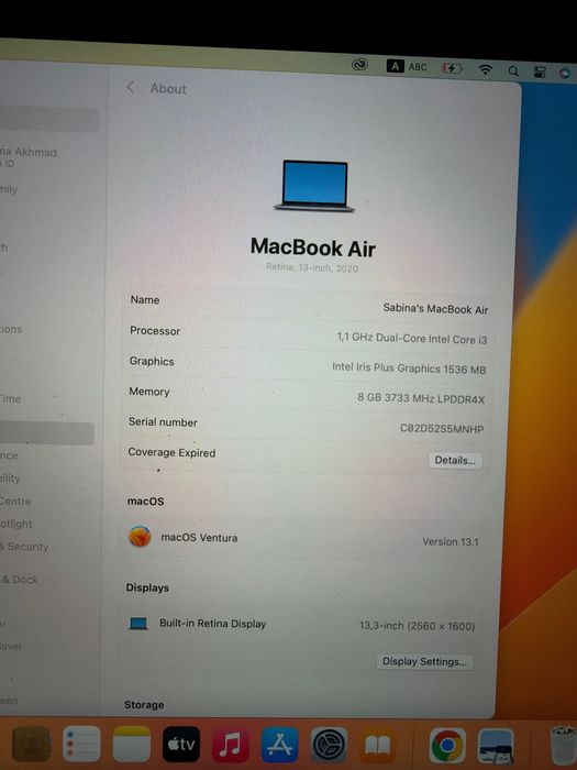 Macbook Air Intel Core i3, 2020, 8GB, SSD 256