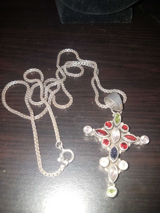 Prata Colar Antigo com Cruz em Prata e Pedraria