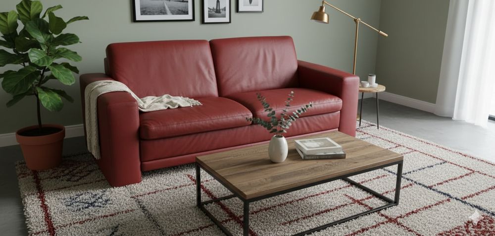 Komplet 2x  Kanapa(sofa) Skórzana Naturalna Czerwona (185cm i 155cm)