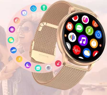 Elegancki damski smartwatch + złota i beżowa bransoleta. OKAZJA!