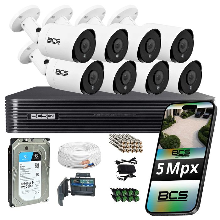 BCS zestaw 8 kamer analogowych 5 Mpx IR 40 m rejestrator XVR dysk 1 TB