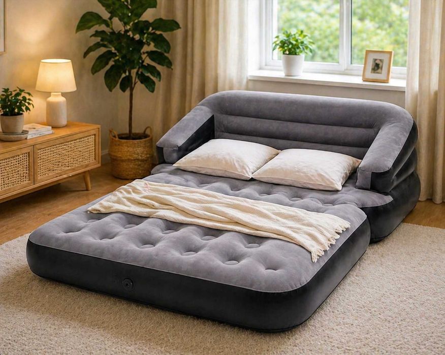 Materac Dmuchany Turystyczny Dwuosobowy Sofa Ogrodowa Rozkładana NOWY Szary 198x138x62 CM Na działkę biwak kemping
