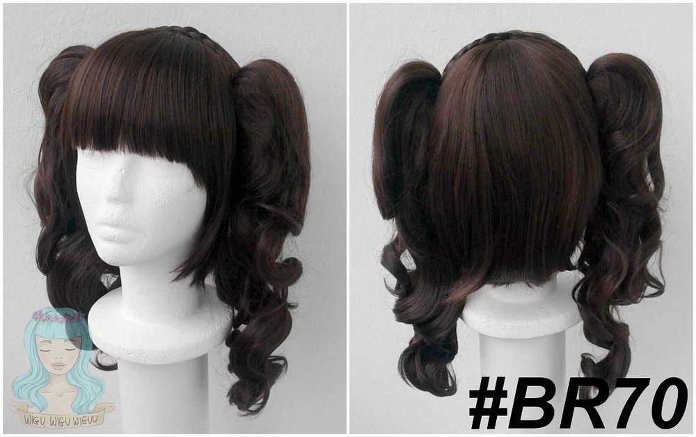 Brązowa peruka z prostą grzywką warkoczem kitkami cosplay wig lolita