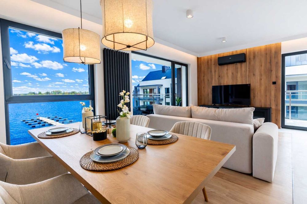 Marina Ostróda - widok na jezioro, nocleg Mazury, garaż, tarasy, 3pok