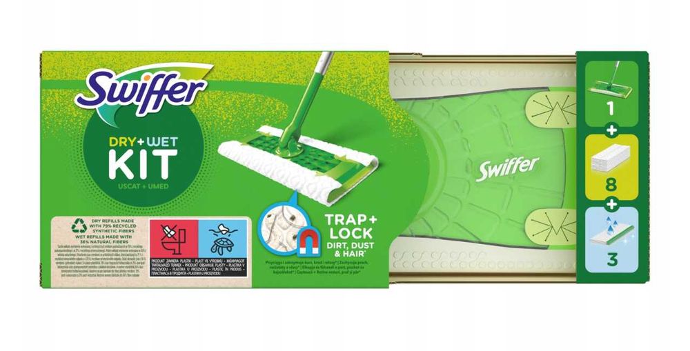 Swiffer Dry+Wet Kit Zestaw mop, 8 suchych i 3 mokre chusteczki