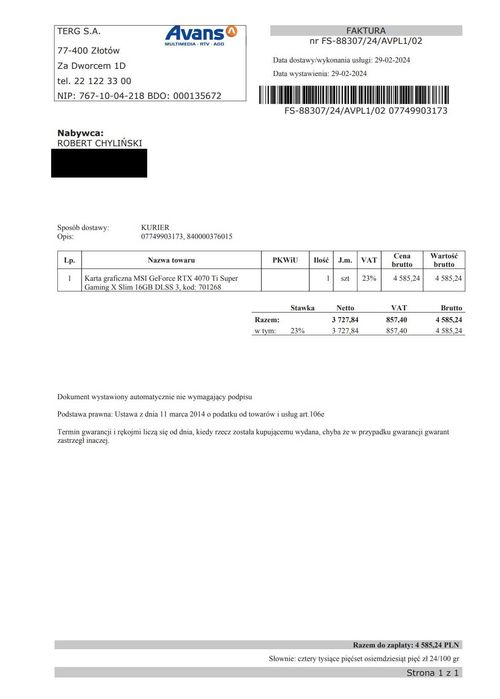 MSI GeForce RTX 4070 Ti Super Gaming X Slim 16GB GWARANCJA!