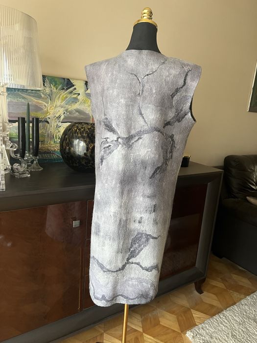 Fioletowa, szara, wełniana, długa kamizelka, wełna, filc